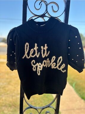 Women Black 'Let It Sparkle' Short Sleeve Sweater Top peach love